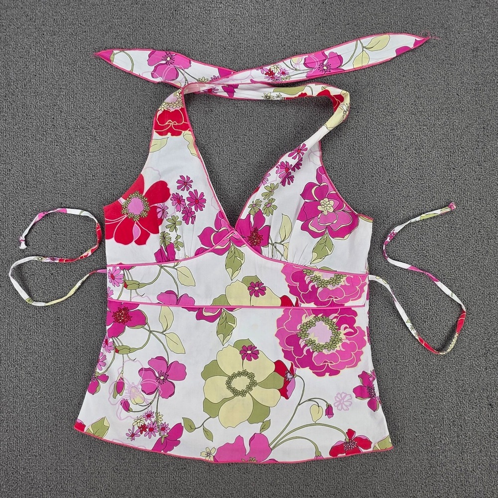 Halo Womens Floral Halter Top Pink Green White Y2K Empire Waist Large